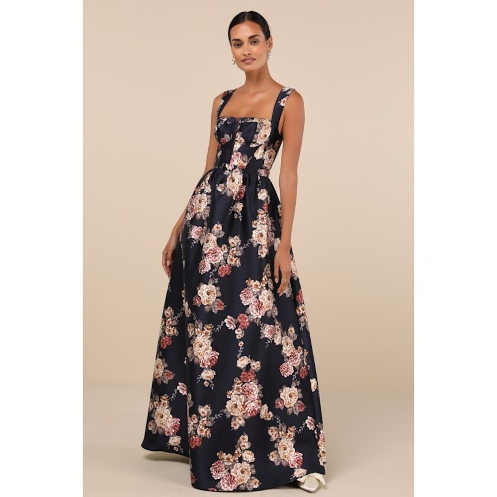 Lulus Elegant Pick Navy Blue Floral Sleeveless Bustier Maxi Dress - Size S